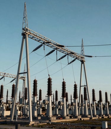 A wide-angle, minimalist industrial photograph of a massive electrical power substation under a clear sky. The structures are clean and well-maintained, with deep navy blue shadows and bright metallic surfaces, reflecting engineering precision and authority.