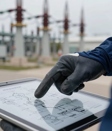 A close-up, high-detail photograph of a professional electrical engineer's hand in a safety glove pointing at a complex technical schematic on a tablet, with a blurred high-voltage substation in the background. The lighting is crisp and industrial, featuring deep navy blue and slate grey tones.