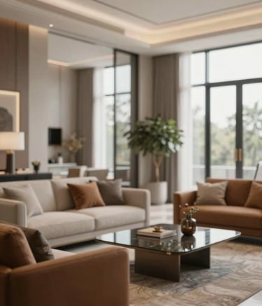 A high-end modern living room with floor-to-ceiling windows, featuring elegant furniture in #8C7E6A and #A38E6D. The atmosphere is warm and inviting, showcasing premium real estate design.