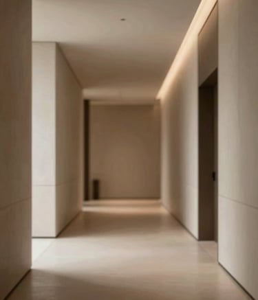 A sophisticated architectural interior showing a minimalist hallway with warm lighting, featuring clean lines and materials in tones of #8C7E6A and #F8F4EC. The style is modern elegance.