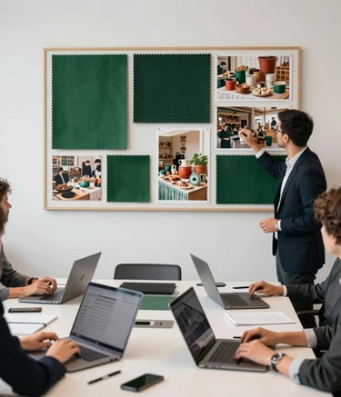 A professional European agency office where a team is planning a social media strategy. A large mood board on the wall features fabric swatches in Matte Forest Green and photography of artisanal markets. Minimalist desks, sleek laptops, and a professional, focused atmosphere.