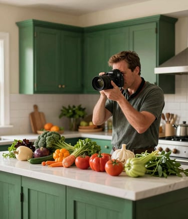 A professional photographer in a sun-drenched North American farm kitchen, capturing high-detail images of fresh seasonal vegetables. The setting features Matte Forest Green wooden cabinets and Crisp Parchment walls.