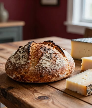 Close-up of a fresh artisanal sourdough loaf and local farmhouse cheeses on a rustic wooden table. Scandinavian interior design with Deep Ripe Crimson accents in the background. Soft natural light from a window in a North American setting.