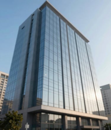 A wide-angle shot of a sleek, modern commercial building in Haryana. The architecture features large glass panels reflecting a clear blue sky (#B1C6D8). The lighting is bright morning sun, emphasizing a professional and sophisticated aura.