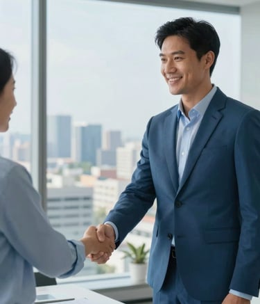 A professional handshake between a consultant and a client in a modern office overlooking a Faridabad cityscape. The scene is bright and airy, incorporating brand colors #4B6A7F and #B1C6D8 in the office decor and sky. The mood is trustworthy and reliable.