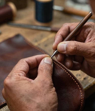 Close-up of a skilled artisan's hands carefully hand-stitching a dark brown leather accessory. The lighting is warm and focused, highlighting the texture of the leather and the precision of the tools. South American workshop setting.