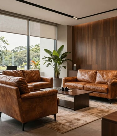 A sophisticated interior of a modern office in Vacaria, featuring premium leather furniture and decor in shades of brown and tan. Soft natural light through large windows, South American professional aesthetic.