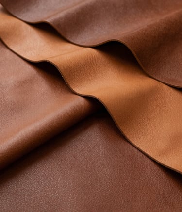Abstract shot of high-quality leather hides in various brown and tan tones, layered to show texture and thickness. Soft side lighting highlighting the premium material.