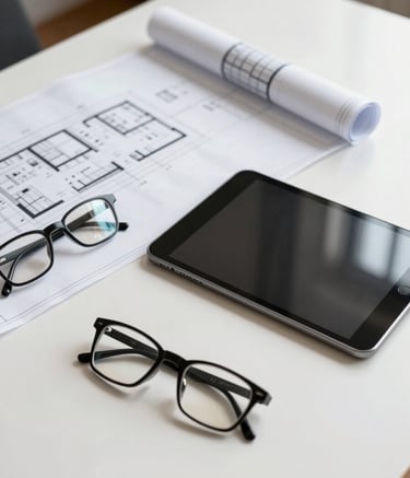 A high-end architectural blueprint spread across a clean white desk next to a modern tablet and a pair of professional spectacles. The lighting is bright and natural, reflecting a soft off-white and deep charcoal black color palette.