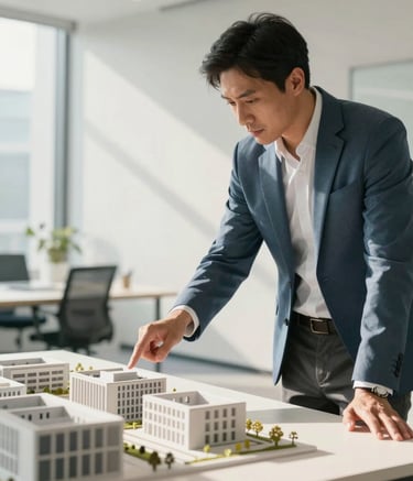 A professional male consultant in a business casual attire pointing at a 3D architectural model in a sunlit, modern office. The scene features soft steel blue and soft off-white tones with a minimalist corporate aesthetic.