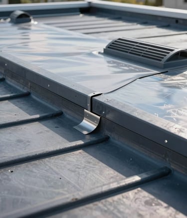 A professional close-up photograph of a modern commercial flat roof installation in North American / US, showing clean layers of industrial roofing membrane and precision flashing around a vent. The lighting is bright and clear, reflecting a professional and expert construction environment with muted blue and gray tones.