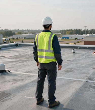 A professional photograph of a commercial roofing inspector in a hard hat and safety vest standing on a large flat roof in North American / US. He is looking over the horizon of an industrial park, signifying oversight and expertise. The palette features dark blue and gray professional attire.