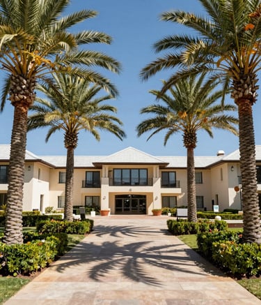 A serene beachfront resort at sunset with golden light reflecting on the water.