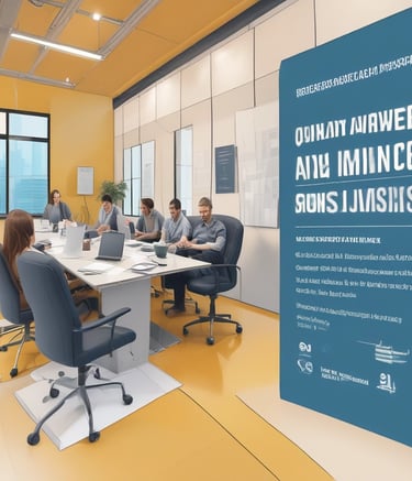 A group of professionals collaborating over documents and laptops in a bright office.