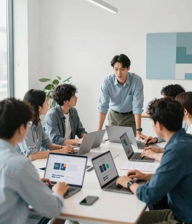 A collaborative team meeting in a bright, modern office space. Professionals are gathered around a table with laptops, discussing a website layout. The room features clean lines, white walls, and decor in #A7BCCD muted blue. The atmosphere is focused, trustworthy, and innovative.