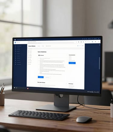 A high-end, minimalist creative studio environment. A sleek mahogany desk holds an ultra-wide monitor displaying a modern UI/UX design wireframe. Soft, natural morning light filters through a large window. The color palette features deep navy #1C2E4A and accents of professional blue #3A6CA8. Modern, professional agency aesthetic.