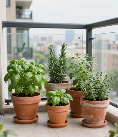 A minimalist balcony with vertical planters filled with leafy greens.