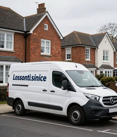 A clean, modern locksmith service van parked on a suburban street in Ruislip. The architecture is Northern European / British. The van is white with professional dark blue text on the side. Bright, overcast daylight creates soft lighting.