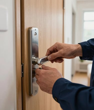 A close-up photograph of a professional locksmith's hands working on a high-security silver deadbolt lock on a wooden door. The setting is a bright, modern Northern European / British residential hallway. The locksmith wears a professional dark blue uniform sleeve.