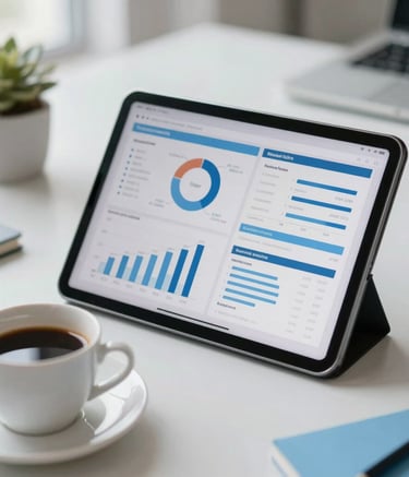 A close-up photograph of a professional workspace in a bright office, featuring a tablet displaying marketing analytics and a cup of coffee. The lighting is natural and airy, reflecting a sophisticated atmosphere. Soft White and Sky Blue accents are visible in the decor. Spanish-speaking / Global setting.