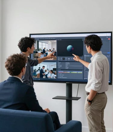 A modern, bright studio where two professionals are reviewing digital content on a large screen. The composition is clean and minimalist with Soft White walls and Dark Blue furniture. The mood is collaborative and professional. Spanish-speaking / Global business environment.