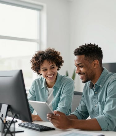 A diverse team of two developers collaborating in a bright, modern workspace. They are looking at a tablet screen together, smiling, reflecting a playful and approachable atmosphere. The office has accents of #4A6D7C and clean white walls, with natural light pouring in from a large window.