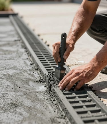 Close-up of modern craftsmanship: A professional worker's hands meticulously applying a texture mold to fresh, colored concrete in a driveway, warm sunlight, professional tools, showcasing a deep charcoal #2E3A3A and slate #5F746C palette.