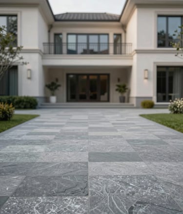 A wide-angle shot of a luxury villa courtyard featuring elegant stamped concrete with a slate texture, colors including #AEB9B4 and #2E3A3A, clean lines, professional landscaping, daytime soft lighting.