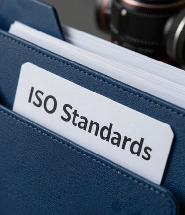 A high-quality close-up of a professional business folder with a label titled ISO Standards. Professional lighting, deep blue and white tones. North American / Texan context.