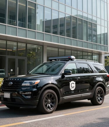 A clean, modern black security patrol SUV with subtle professional branding parked in front of a contemporary glass office building in a North American business district. Bright daylight photography.
