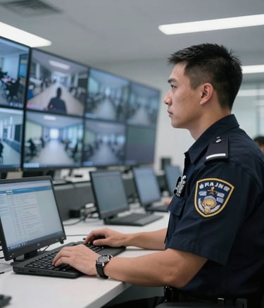 A focused professional security officer in a dark navy blue uniform monitoring a wall of high-definition surveillance screens in a modern, clean command center. Bright white lighting, North American office setting.