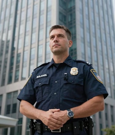 A professional security officer in a navy blue uniform standing confidently with hands clasped in front of a sleek North American corporate skyscraper. Modern, trustworthy vibe, daylight.
