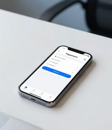 A top-down professional shot of a smartphone displaying a mobile payment confirmation screen, sitting on a clean white desk in a modern East African office setting. Minimalist aesthetic with a soft blue accent in the background.