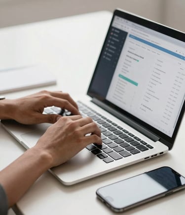 Close-up of hands typing on a modern laptop next to a smartphone, showcasing a secure financial dashboard. The setting is a minimalist, bright East African / Somali business environment with soft daylight hitting the desk.