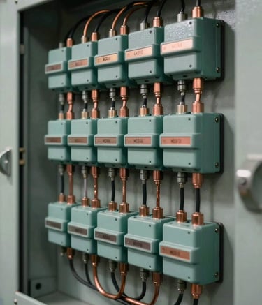 A close-up photograph of a modern industrial electrical control panel. The complex wiring is neatly organized, showing copper accents against industrial teal components. The lighting is sharp and clean, emphasizing technical mastery.