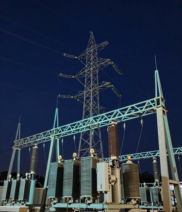 A low-angle shot of industrial high-voltage power lines and a transformer station at twilight. The sky is a deep navy, and the steel structures are highlighted with slate blue and industrial teal artificial lighting, conveying technical precision and power.