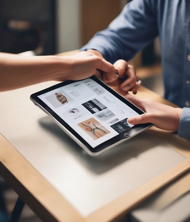A sleek laptop displaying a minimalist black and white website design on a neutral background.