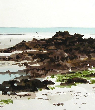 Aquarelle représentant un paysage de Bretagne. 