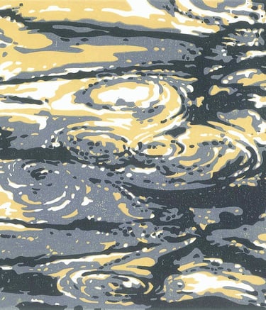 Linogravure couleur représentant des ondulations dans une flaque d’eau.