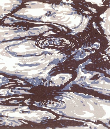 Linogravure couleur représentant des ondulations aquatiques. 