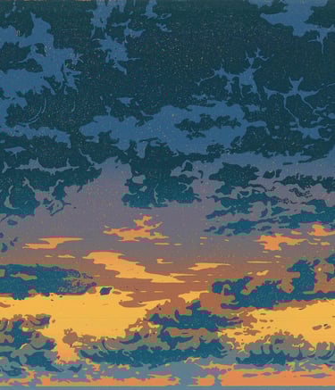 Linogravure couleur représentant ciel et nuages.