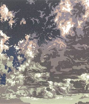 Linogravure couleur représentant ciel et nuages.