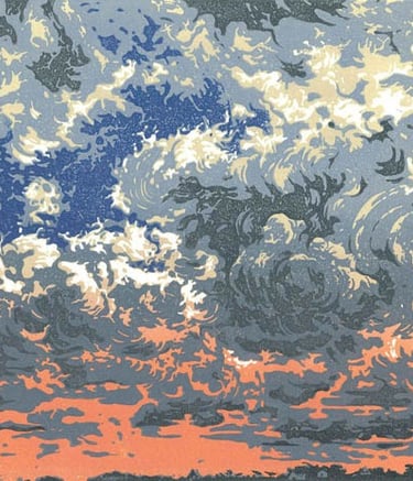 Linogravure couleur représentant ciel et nuages.