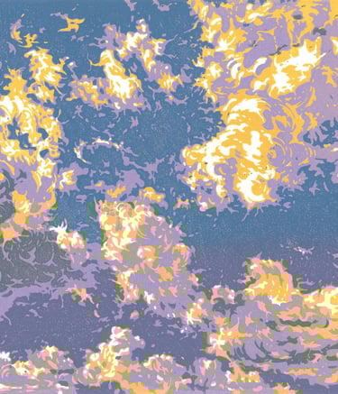 Linogravure couleur représentant ciel et nuages.