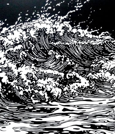 Linogravure, estampe originale,  représentant des vagues.