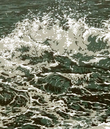 Linogravure, estampe originale,  représentant des vagues.