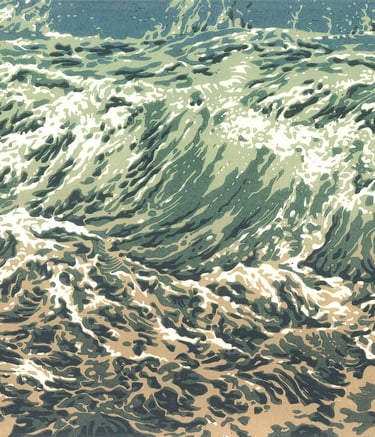 Linogravure, estampe originale,  représentant des vagues.