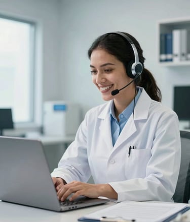 A professional South American pharmacist with a headset sitting in a bright, modern office, smiling warmly while looking at a laptop screen. The environment is clean with light blue and steel blue accents, suggesting a high-end telecare facility.