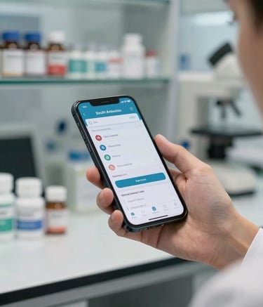 Close-up photography of a professional pharmaceutical setting in South America. A person is holding a smartphone showing a health app interface, with a blur of a modern pharmacy laboratory in the background, dominated by steel blue and off-white colors.