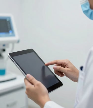 A close-up photograph of a professional healthcare practitioner in a South American / Brazilian clinic using a modern tablet device. The setting is bright and clinical with white walls and soft blue accents. The focus is on the sleek technology and the professional environment, conveying efficiency and innovation.
